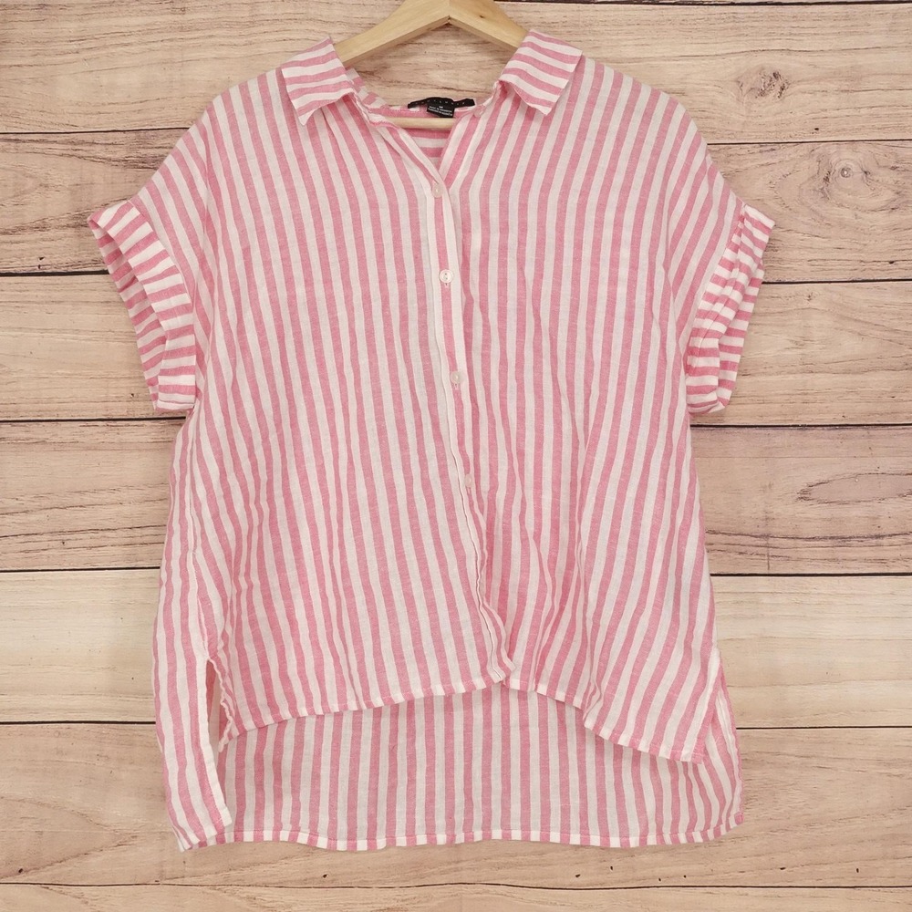 Sanctuary Button-Up Womens M Pink Striped Collared Short Sleeve Casual Shirt
